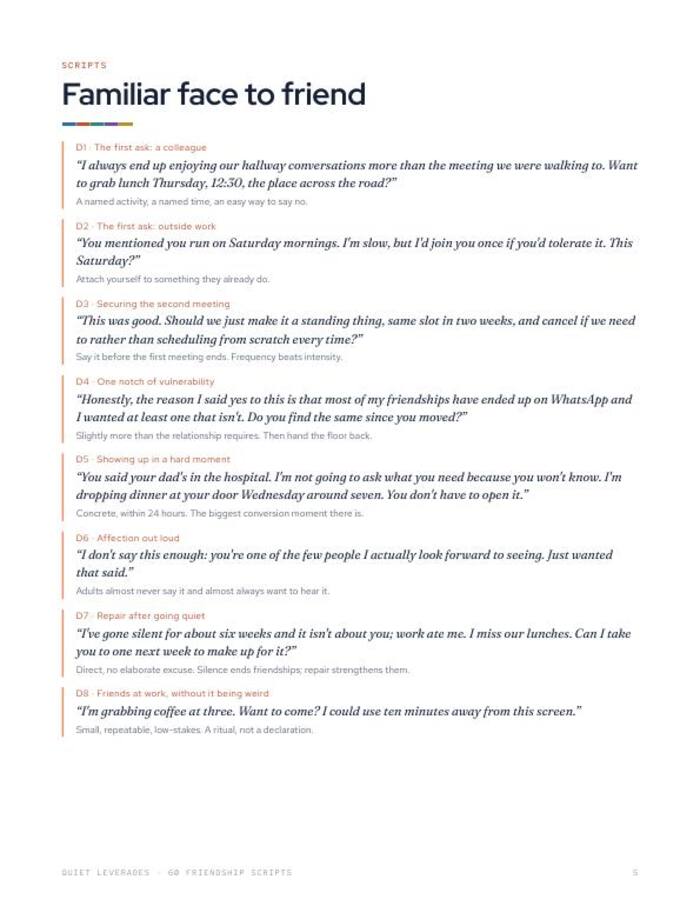 60 Friendship Scripts page 5: Familiar face to friend, scripts for a first ask, a second meeting and repairing after going quiet