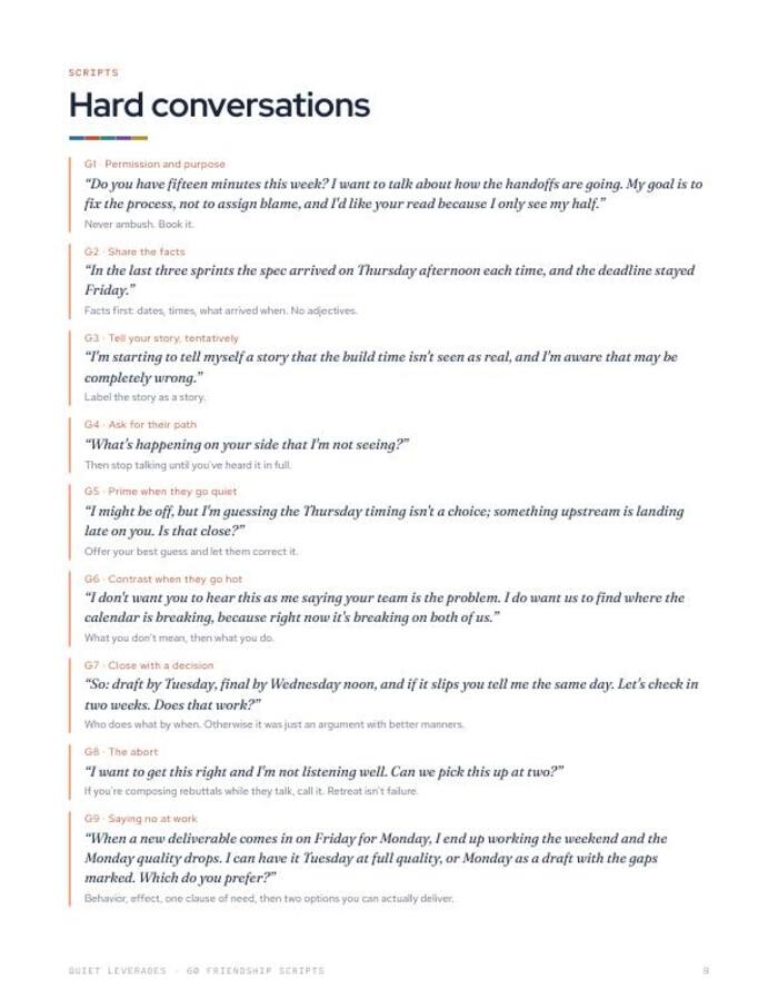 60 Friendship Scripts page 8: Hard conversations, scripts for permission, facts and closing with a decision