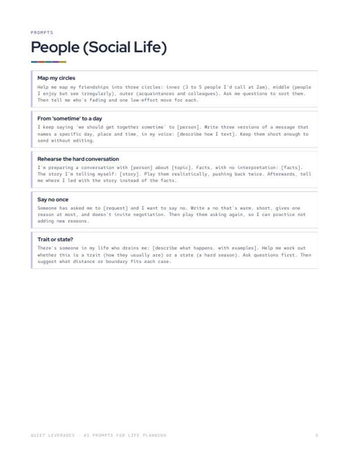 AI Prompts for Life Planning page 5: People prompts such as map my circles and rehearse the hard conversation