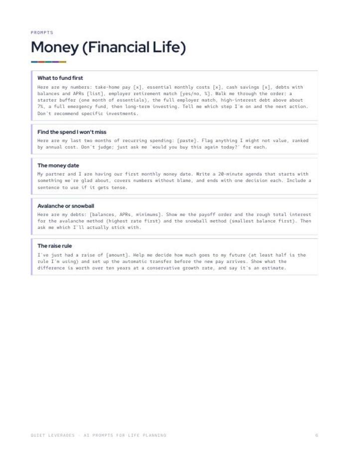 AI Prompts for Life Planning page 6: Money prompts such as what to fund first and avalanche or snowball
