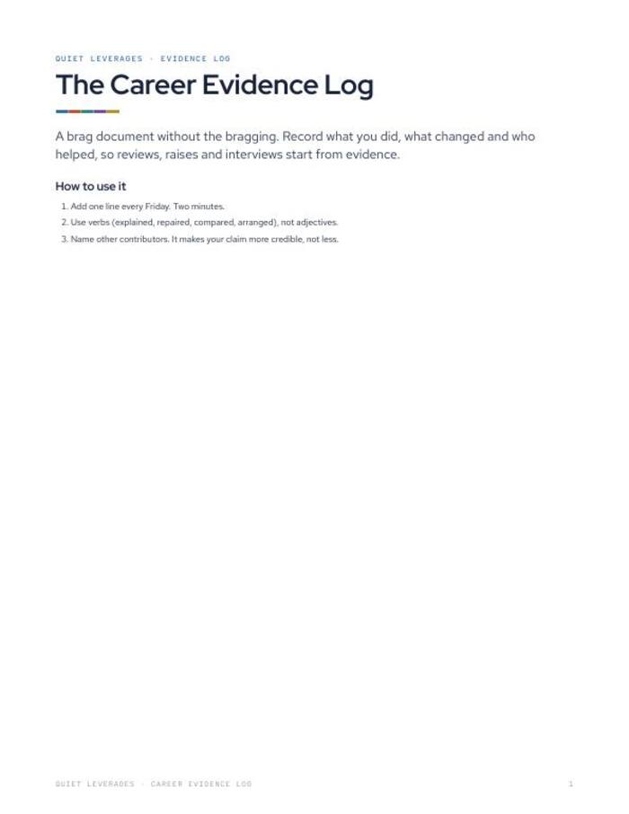 First page of the Career Evidence Log with three rules: one line every Friday, verbs not adjectives, name other contributors