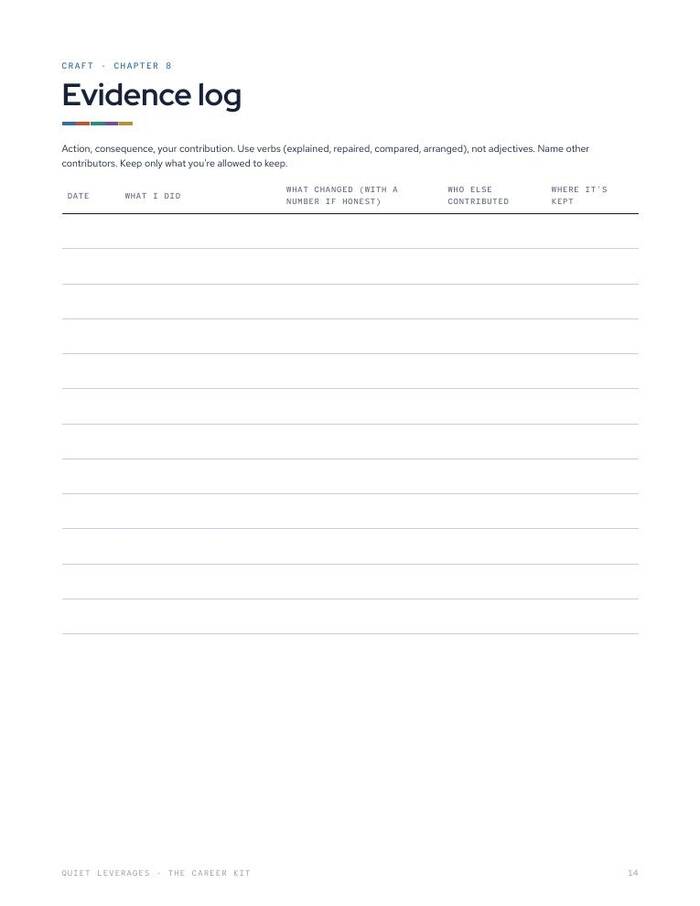 Workbook page titled Evidence log, a table to fill in