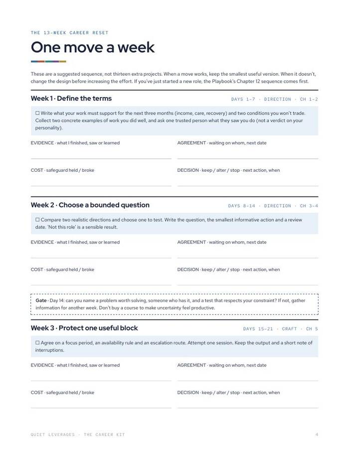 Workbook page titled One move a week, showing the first weeks of the 13-week reset