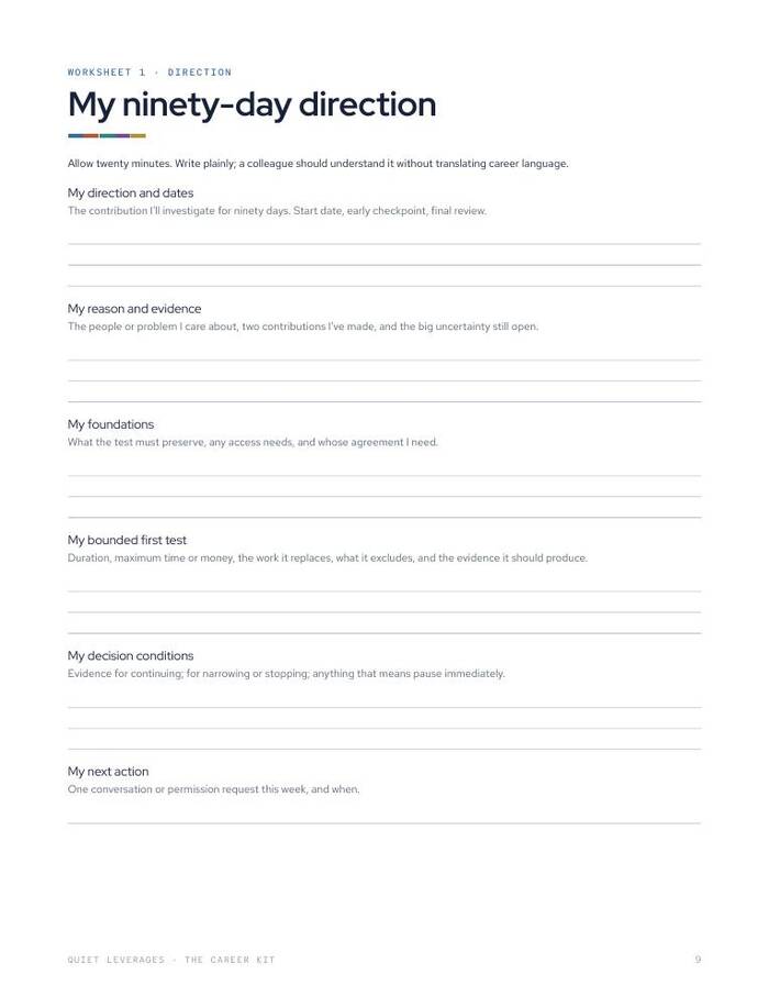 Worksheet page titled My ninety-day direction