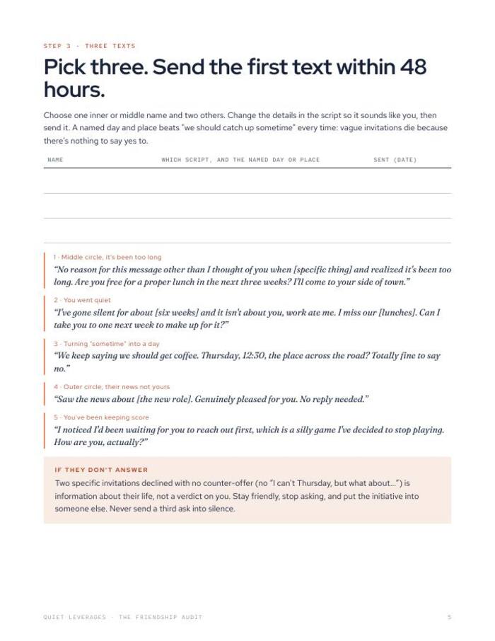 Audit page for choosing three texts to send, with sample scripts and a note on what to do if they do not answer