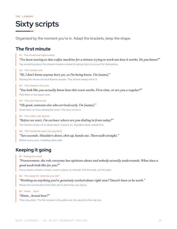 Guide page headed Sixty scripts, with word-for-word lines for the first minute of a conversation