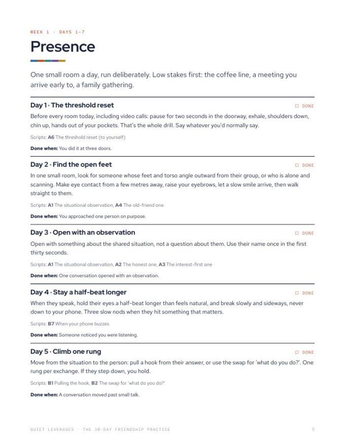 Guide page for Week 1, Presence, listing daily drills with the scripts to use and a done-when line for each