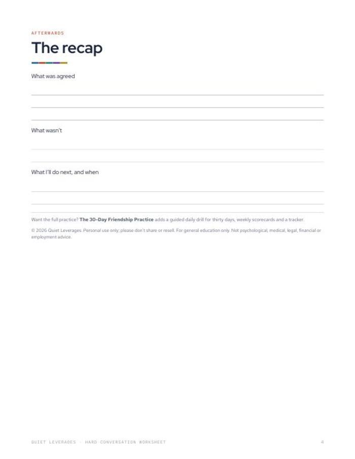 Hard Conversation Worksheet page 4: The recap, with fields for what was agreed, what wasn't, and what I'll do next and when