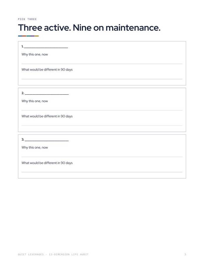Audit page titled Three active, nine on maintenance, with why-this-one prompts