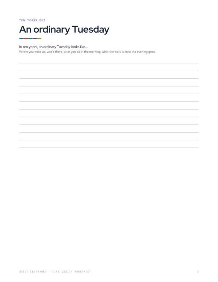 Life Vision Worksheet page 2: a ruled page headed 'An ordinary Tuesday' for describing a day ten years from now