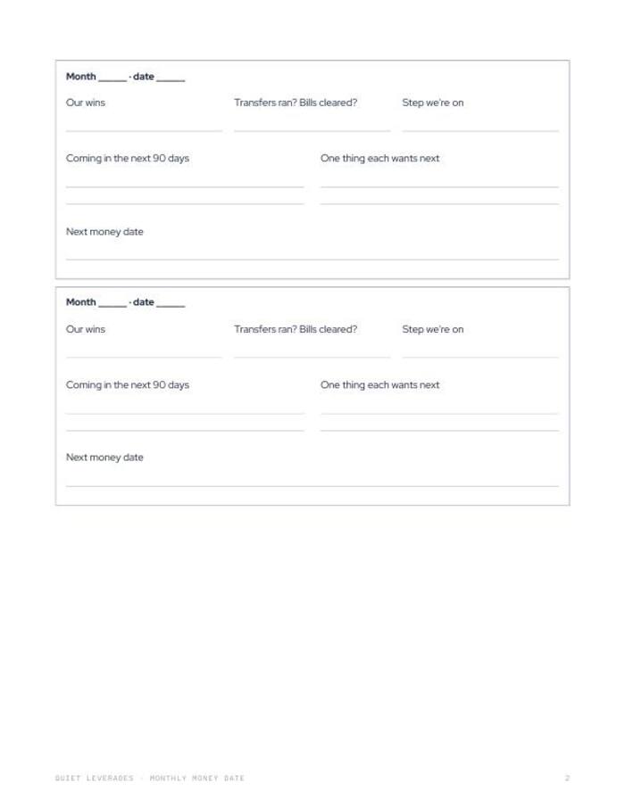 Monthly record page with space for wins, transfers and bills, the step you are on, and the next money date
