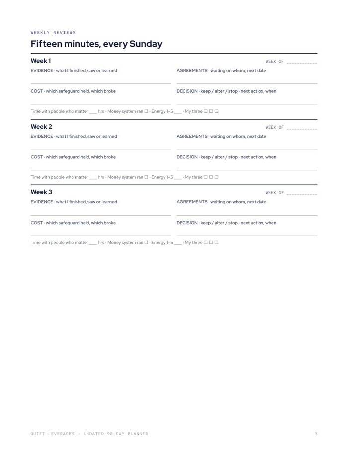 Planner page titled Fifteen minutes, every Sunday, with weekly review blocks