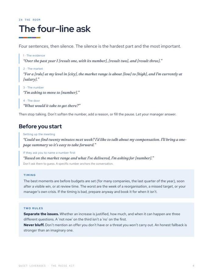 Guide page showing the four-line ask: the evidence, the market, the number and the door, with notes on timing