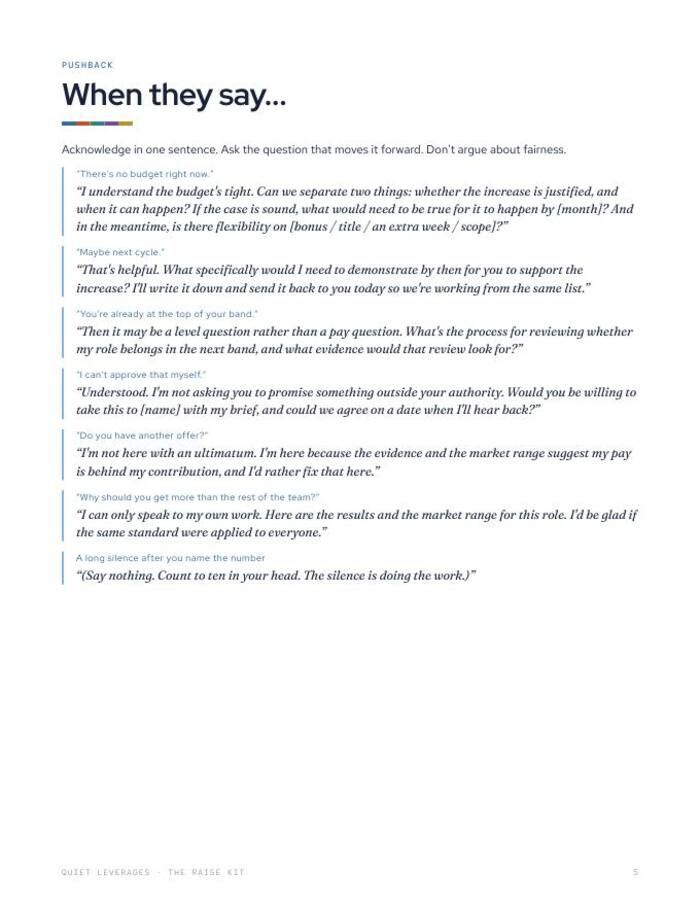 Guide page headed When they say, with calm responses to pushbacks such as there being no budget right now