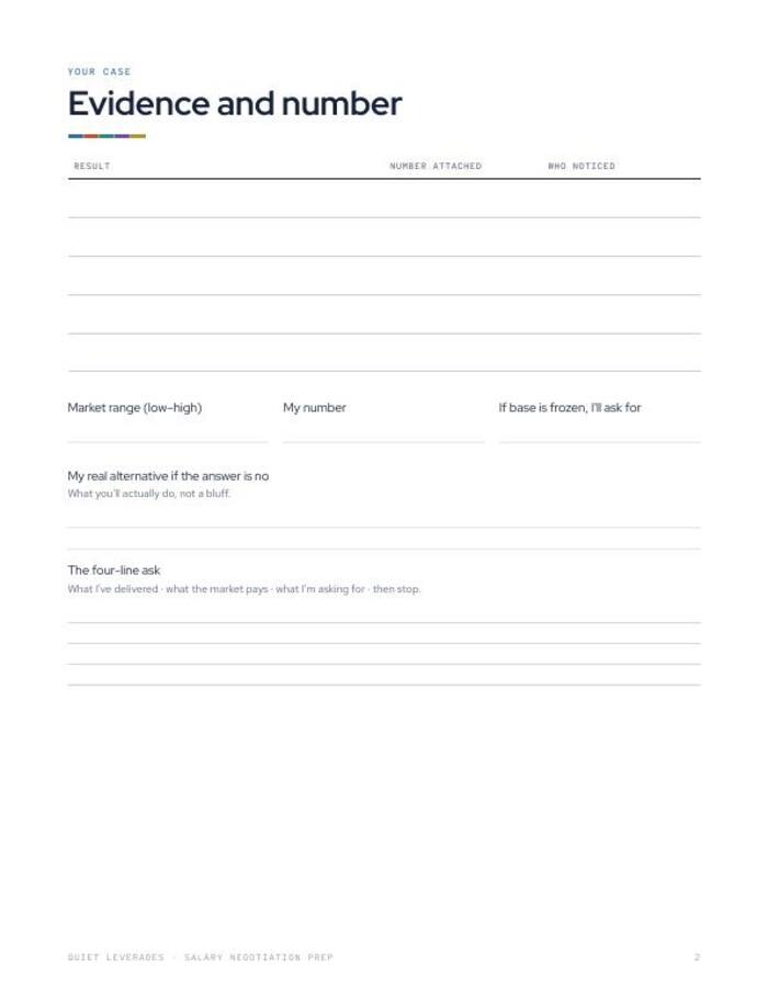 Worksheet page for your evidence, market range, your number, your real alternative and the four-line ask