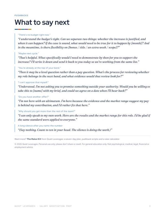 Page of seven common pushbacks, each with a calm response to say next