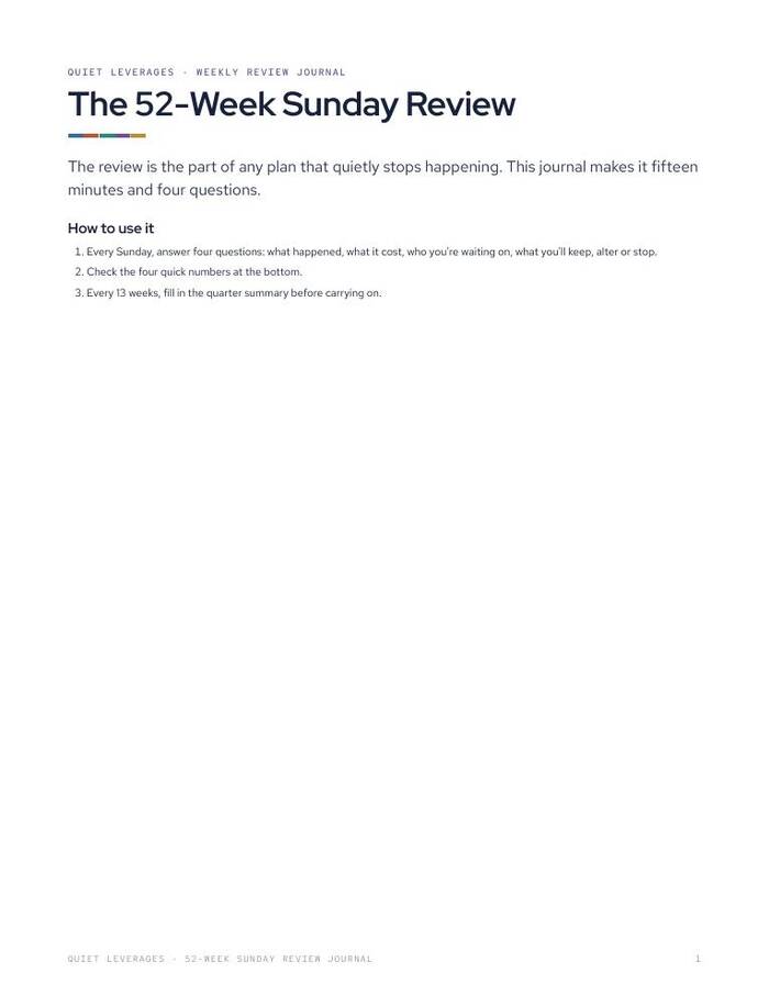 Journal title page: The 52-Week Sunday Review, with how to use it