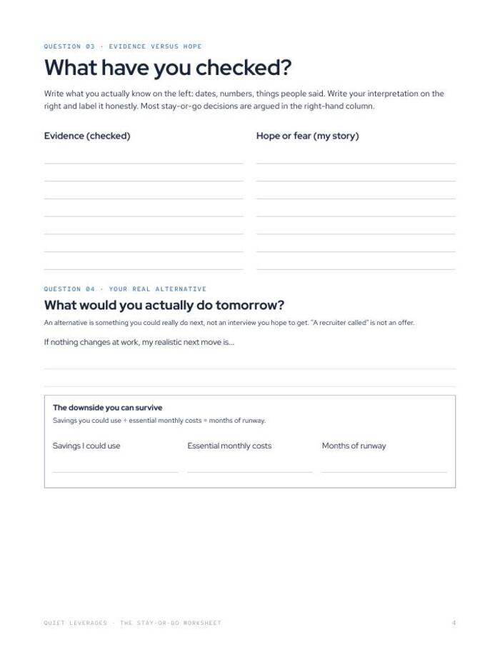 Worksheet page with two columns, evidence you checked and hope or fear, plus a box for your realistic next move