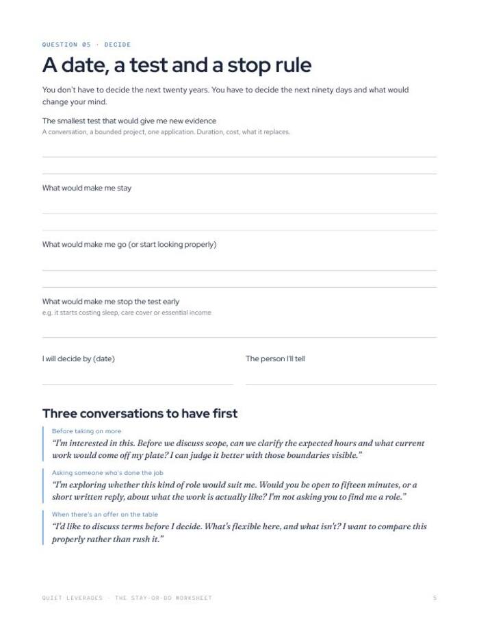 Worksheet page with a decision date, a test and a stop rule, and three conversations to have first